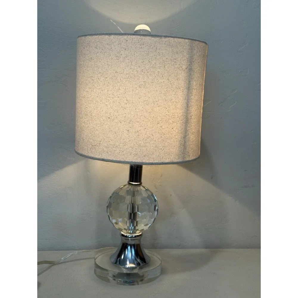 Faceted Crystal Orb Chrome Lucite Table Lamp Drum Shade Accent Bedside Light